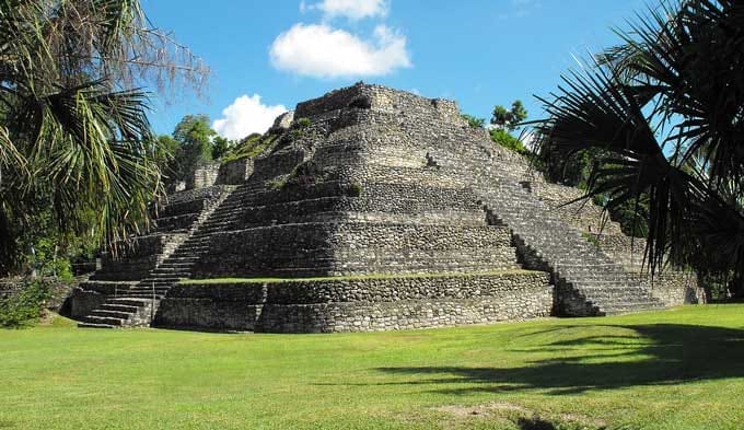 Restaurierte Maya-Stufenpyramide aus grauem Kalkstein in Chacchoben, von Palmwedeln und Dschungel gerahmt, davor eine gemähte Rasenfläche unter blauem Himmel