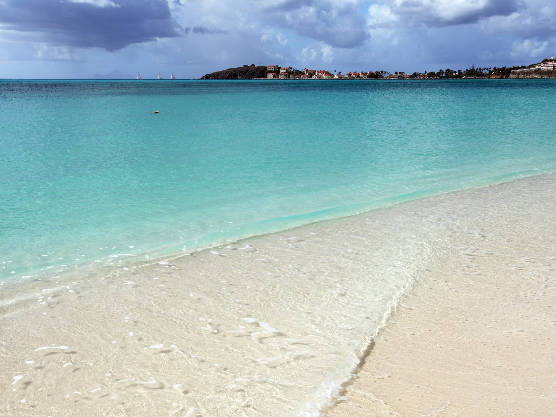 Blick über die Great Bay mit dem Strand von Philipsburg und Kreuzfahrtschiffen am Pier von St. Maarten