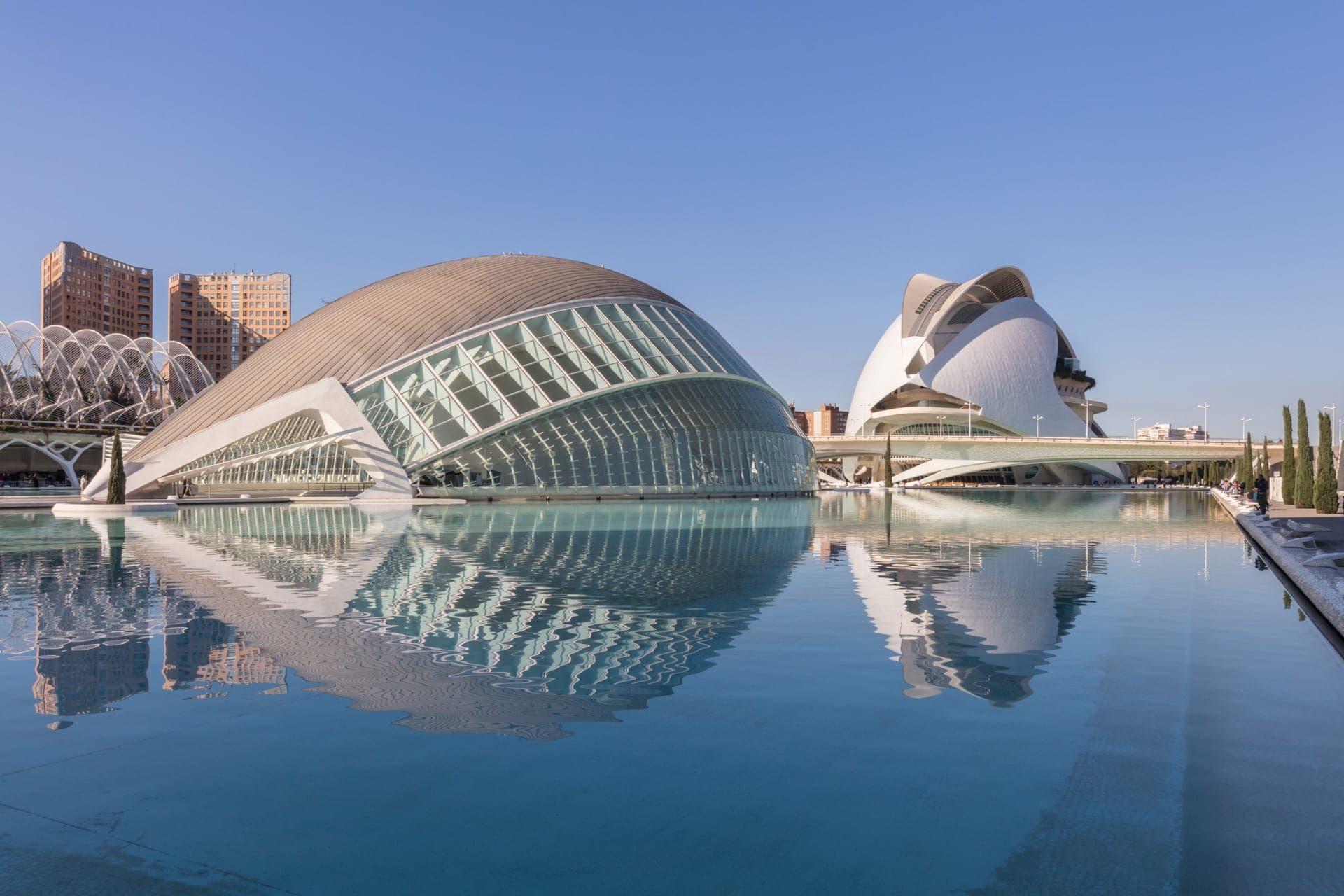 Die futuristische Ciudad de las Artes y las Ciencias in Valencia mit Wasserspiegelung