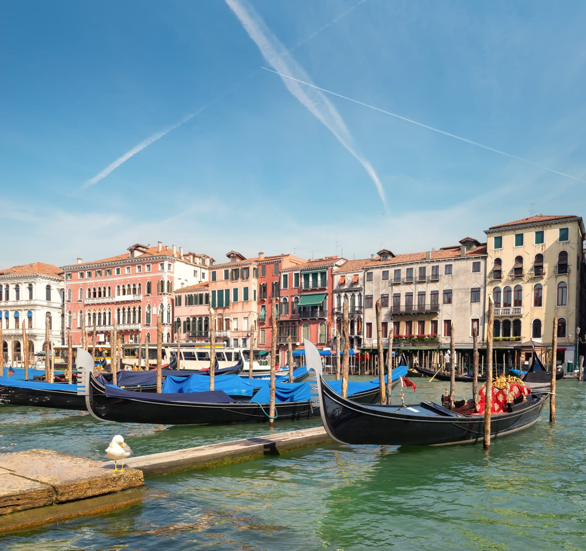 Blick über den Canal Grande in Venedig mit Gondeln und historischen Palazzi am Ufer