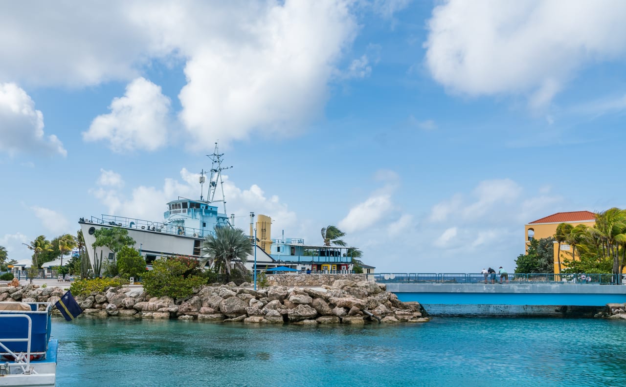Türkisblaues Wasser und Palmen am Sea Aquarium Beach auf Curaçao