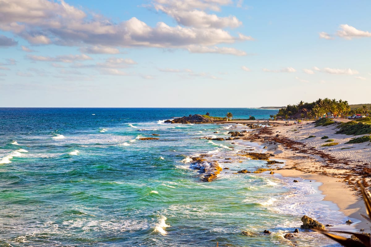 Strandclub an der Südwestküste von Cozumel mit Palmen, Liegen und türkisblauem Meer