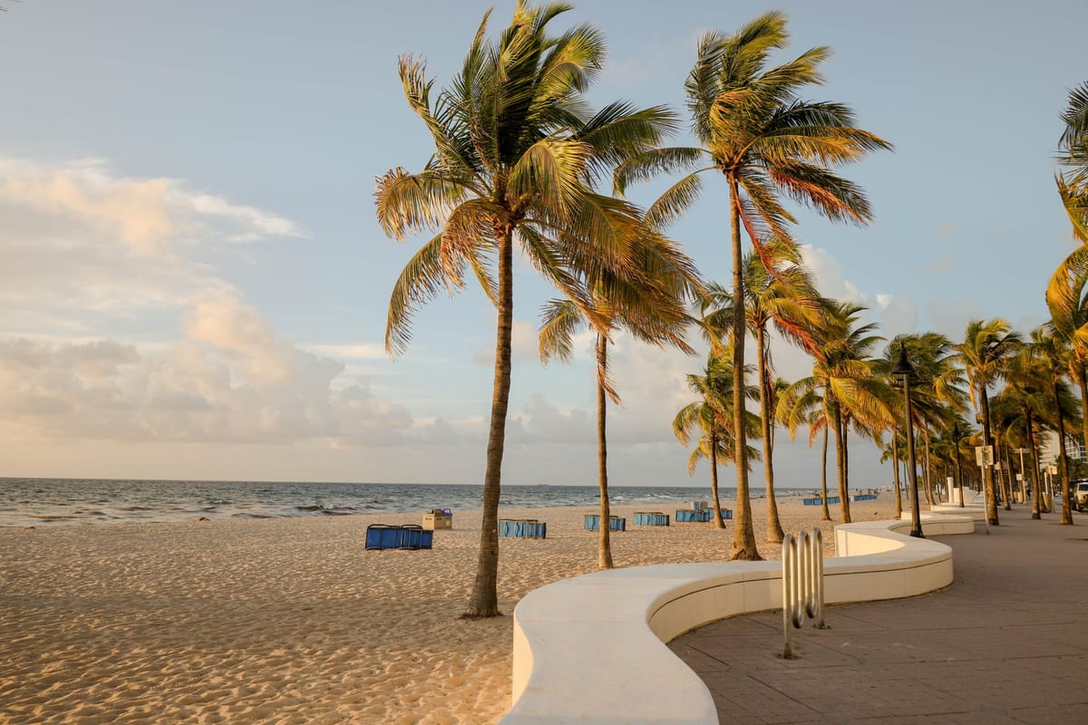 Weiße Wellenmauer und Palmen an der Strandpromenade des Highway A1A in Fort Lauderdale